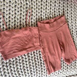 adidas Pink Ribbed Bike Shorts & Crop Top Set